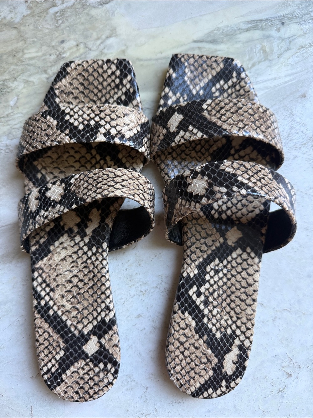 Aeyde Beige and Black Snake-Print Double Strap Slide Sandals